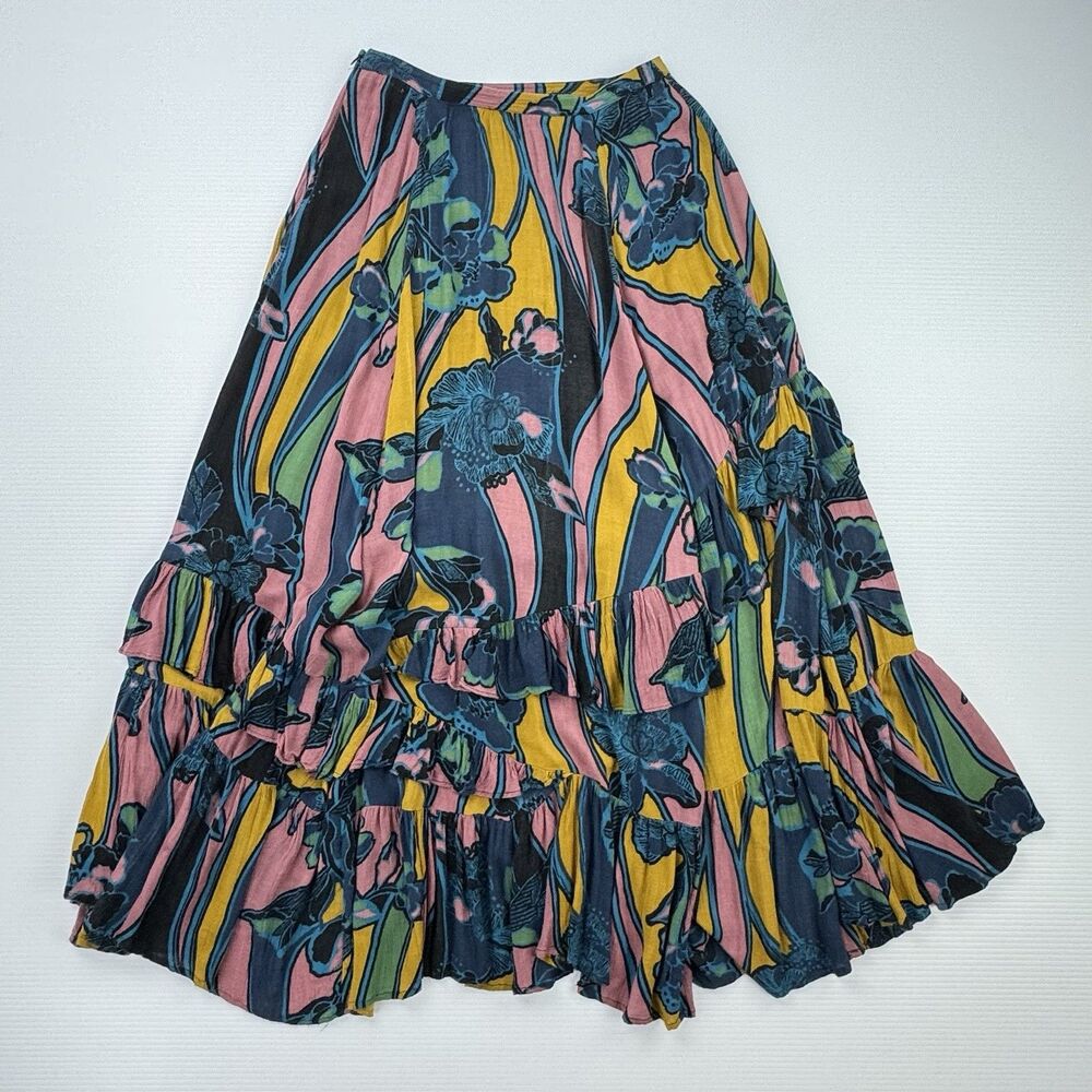 Free People Bring Back The Summer Maxi Skirt Floral High Low Ruffle Rayon - Picture 6 of 10